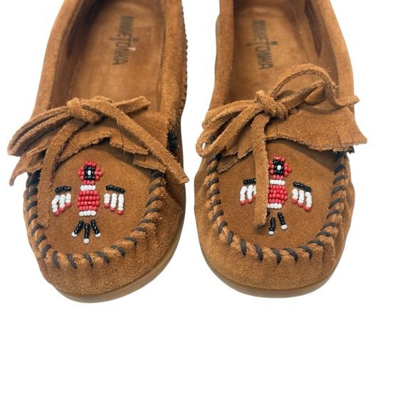 Minnetonka Brown Suede Moccasins with Beaded Thunderbird Accents Sz 10 - Picture 3 of 10